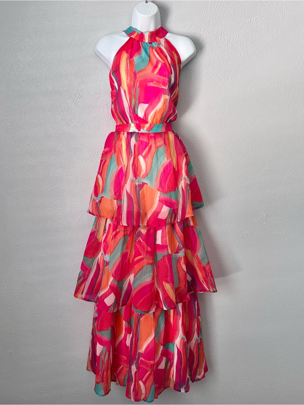 Vibrant Abstract Tiered Halter Maxi Dress - Picture 6 of 7
